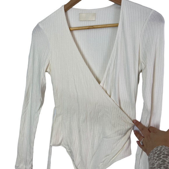 CAPULET Size S Prima White Knit Bodysuit Ribbed Long Sleeve Wrap Front Tie Top - Picture 6 of 13